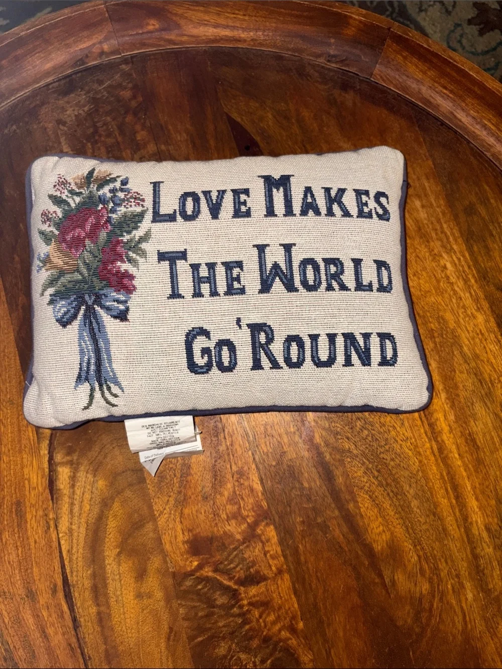 Vintage Tapestry Pillow ~ Love Makes The World Go 'Round ~ 80s Floral Design